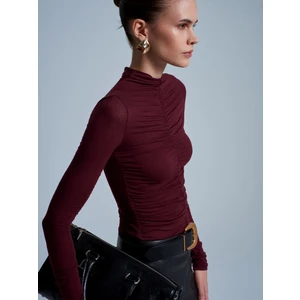 32333 Kaşmir Karışımlı Büzgülü Bluz-Bordo