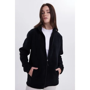 Kadın Siyah Anti-Pilling Tüylenme Yapmayan Standart Fit Tam Fermuarlı Soğuk Geçirmez Polar Hırka