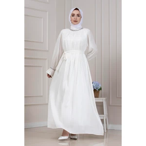 Simli Taşlı Abiye Elbise-Beyaz