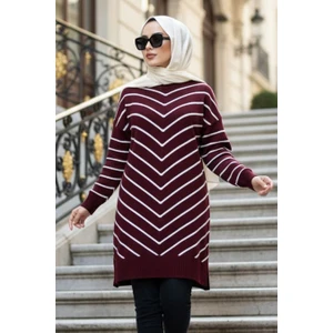 Neva Style Çizgili Koyu Bordo Tesettür Triko Kazak 81861KBR