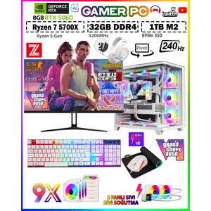 Warrior Eagle X55 White Pro Ryzen 7 5700X 32GB 1tb M.2 SSD RTX5060 27" 240Hz Sıvı Soğutmalı Premium Oyuncu Bilgisayar