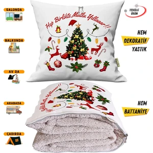 Yılbaşı Hediyesi Nakışlı Punch Efekt Baskılı Tv Battaniye Olabilen Dekoratif Yastık 2in1 Battaniye