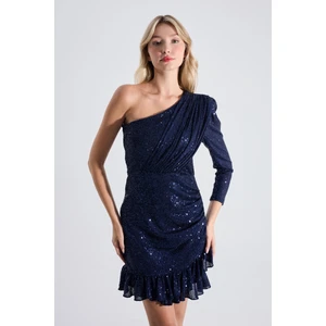 Cindy | Pul Payet Tek Kol Eteği Fırfırlı Mini Slim Abiye Elbise - Lacivert