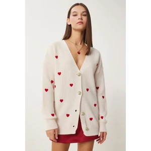 Kalp Dokulu Uzun Triko Hırka LKG0009 Krem