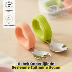 Bebek Çatal Kaşık Seti, Paslanmaz Çelik, Silikon Saplı, Pudra Yeşil
