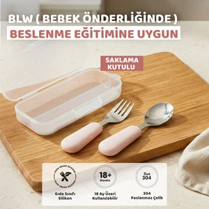 Silikon Saplı Paslanmaz Çelik Çatal Kaşık Seti, 18+ Ay, Pembe