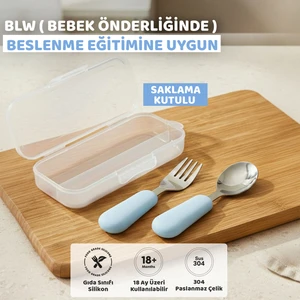 Silikon Saplı Paslanmaz Çelik Çatal Kaşık Seti, 18+ Ay, Mavi