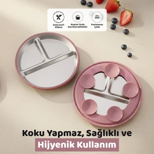 Silikon Kaplı Bebek Tabak, 3 Bölmeli Paslanmaz Çelik Mama Tabağı, Vakumlu, 304 Çelik, Pudra