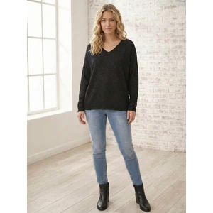Kadın Siyah V Yaka Simli Triko Kazak