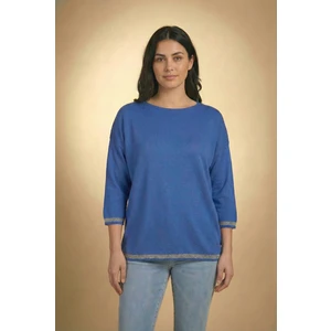 T Guel Kadın Saks Mavisi Kolu-Etek Ucu Simli Fakir Kol Ince Kazak