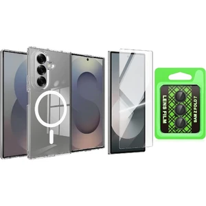 Samsung Galaxy Z Fold 7 Kılıf M-safe Şarj Özellikli Şeffaf Sert PC Zore Embos Kapak + Kamera Lens + Nano Ekran Koruyucu