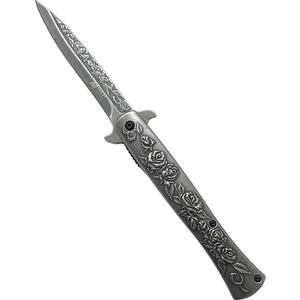 Vex Outdoor Gümüş Gül Motifli Beyefendi Katlanır Yarı Otomatik Cep Çakısı Kemer Klipsli