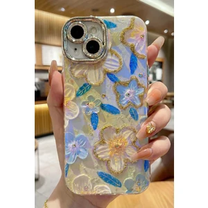 iPhone 13 Kılıf Renk Geçişli Taşlı Kamera Lens Korumalı Simli Yeşil Çiçek Desenli Darbe Emici Kapak