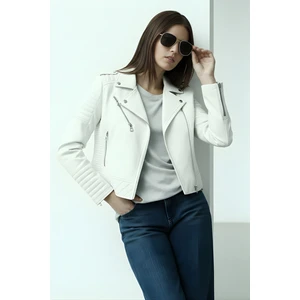 Kadın Suni Deri Ceket-Ekru