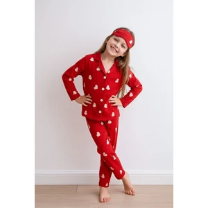 Kız Çocuk Kırmızı Süet Kalp Desenli Pijama Takımı - Uyku Bandı Hediyeli