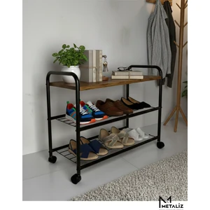 Ayakkabılık Modern Loft Tasarım Tekerli Metal Ayakkabı Düzenleyici Doğal Ahşap Raflı Siyah