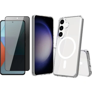 Samsung Galaxy S23 FE Kılıf M-safe Şarj Özellikli Şeffaf Sert PC Vendas Embos Kapak + Hayalet Ekran Koruyucu