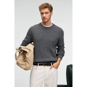 VINTLACE Erkek Yuvarlak Yaka Saç Örgü Desenli Regular Fit Triko Antrasit Kazak