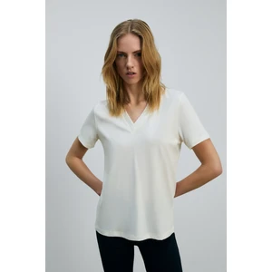 ALINE Kadın %100 organik Pamuk Derin V Yakalı Comfort Fit Ekru T-Shirt