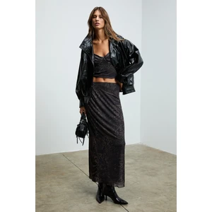 BEULAH Kadın Maxi Boy Slim Fit Beli Lastikli Tül Batik Desenli Siyah-Leopar Desenli Etek