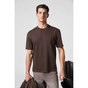 Solo Erkek %100 Organik Pamuklu Kalın Dokulu Comfort Fit Bisiklet Yakalı Kahverengi T-Shirt