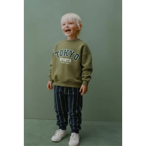 Erkek Çocuk Pamuklu Yeşil Baskılı Sweatshirt ve Lacivert Çizgili Pantolon Takım