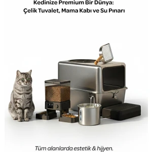 CleanSteel Premium Hijyen Seti – Paslanmaz Çelik Kedi Tuvaleti + Zaman Ayarlı Otomatik İkili Mama Kabı + 2L Su Pınarı