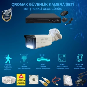 Qromax 1 Kameralı Set - Yapay Zeka Özellikli İnsan Yüz Araç Tanımalı Gece Renkli Gösteren 5 MP SONY Lensli 4 Warm Ledli FULLHD Güvenlik Kamerası Seti 3404W-114