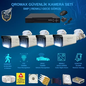Qromax 4 Kameralı Set - Yapay Zeka Özellikli İnsan Yüz Araç Tanımalı Gece Renkli Gösteren 5 MP SONY Lensli 4 Warm Ledli FULLHD Güvenlik Kamerası Seti 3404W-114