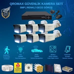 Qromax 6 Kameralı Set - Yapay Zeka Özellikli İnsan Yüz Araç Tanımalı Gece Renkli Gösteren 5 MP SONY Lensli 4 Warm Ledli FULLHD Güvenlik Kamerası Seti 3404W-108
