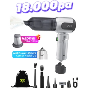 7go Ahv-14 2'si 1 Arada Kablosuz Araç Içi Süpürge Gümüş | 18000PA Güçlü Vakum + Üfleme | Cam Kırıcı & Kemer Kesici Acil Durum Özellikli