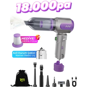 7GO AHV-14 2'si 1 Arada Kablosuz Araç İçi Süpürge Mor | 18000PA Güçlü Vakum + Üfleme | Cam Kırıcı & Kemer Kesici Acil Durum Özellikli