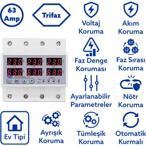 Gerilim Ve Akım Koruma Rölesi Voltaj Koruyucu 63A 3 Fazlı - Ev Tipi - Ayrışık Faz Koruma