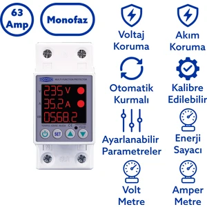 Gerilim ve Akım Koruma Rölesi Yüksek Düşük Voltaj Akım Koruyucu 63A Enerji Ölçerli