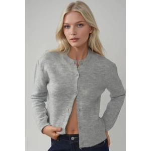 Kadın Bisiklet Yaka Yumuşak Dokulu Regular Fit Triko Hırka Gri