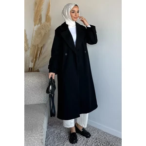 Kruvaze Yaka Çift Cepli Tesettür Kaşe Kaban P-00019463