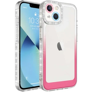 Apple iPhone 14 Plus Kılıf Simli ve Renk Geçiş Tasarımlı Lens Korumalı Vlmt Park Kapak-Beyaz-Pembe