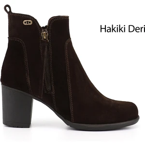 Kadın Kahve  Fermuarlı Kalın Topuklu Hakiki Deri Bot