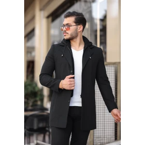 Erkek Siyah Slim Çıkarılabilir Kapüşonlu Önü Fermuarlı ve Düğmeli Kaşe Kaban
