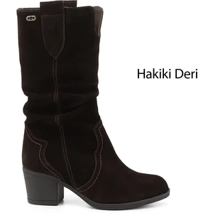 Kadın Kahve  Kalın Topuklu Körüklü Hakiki Deri Çizme