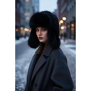 Siyah Ithal Pilot Şapka Suni Kürk Ekstra Kabarık