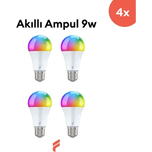 Akıllı Led Ampul 4'lü Set, 9w-titreşimsiz, 16.7 Milyon Renk, Sesli Kontrol, 2 Yıl Garantili