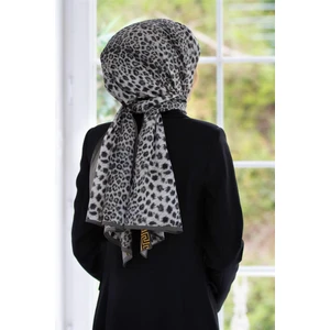 Lüks Medine Barok Bardürlü Leopar Desenli Gri - Gri Renkli 75X195 Kırışmaz Şal Moss Krep Dikiş Tipi Italyan Dikişli