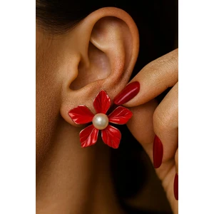 Vintage Kırmızı Çiçek Detaylı Kadın Inci Küpe – Elegance Koleksiyon