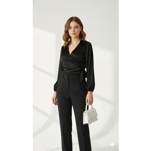 Saten Kruvaze Yaka Yandan Bağlamalı Gömlek Bluz