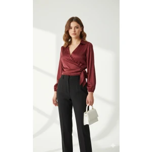 Saten Kruvaze Yaka Yandan Bağlamalı Gömlek Bluz