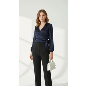 Saten Kruvaze Yaka Yandan Bağlamalı Gömlek Bluz