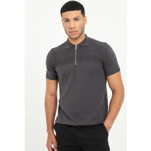 Antrasit Örgü Polo Fermuar Yaka Slim Fit Erkek Triko T