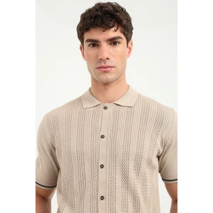 Bej Fitilli Slim Fit Erkek Triko T-Shirt