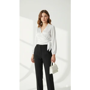 Saten Kruvaze Yaka Yandan Bağlamalı Gömlek Bluz